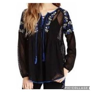 Free People Swiss Dot Sheer Mesh Black Floral Embroidered Peasant Top Size XS